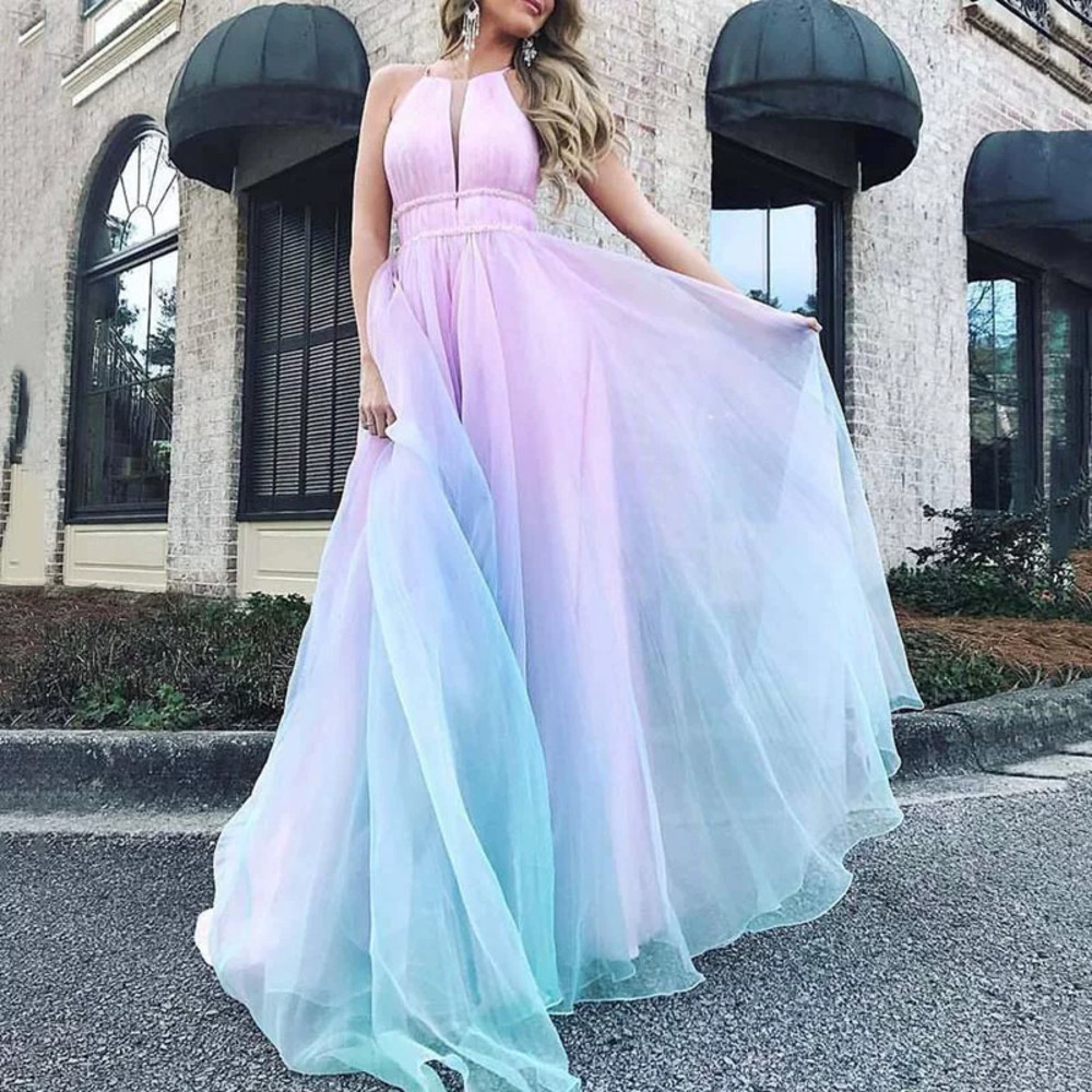 ZARA Sexy Summer Printed Gradient Sleeveless Deep V Long Evening Gown